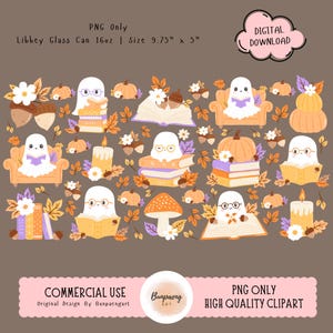May include: A digital clipart design featuring cartoon ghosts reading books, surrounded by pumpkins, autumn leaves, and flowers. The design includes a mushroom, acorns, and candles. The text includes "PNG Only" and "Digital Download".