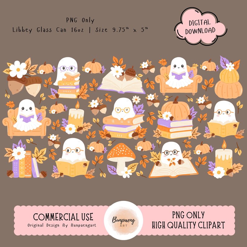 May include: A digital clipart design featuring cartoon ghosts reading books, surrounded by pumpkins, autumn leaves, and flowers. The design includes a mushroom, acorns, and candles. The text includes "PNG Only" and "Digital Download".