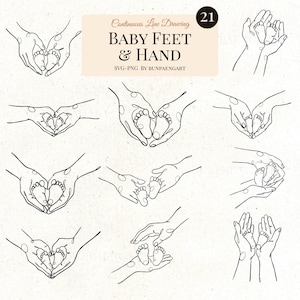 Baby Feet and Hand SVG Bundle, new born svg, Baby feet svg, mother day svg, Heart Hand Baby Feet svg, Holding Feet svg, Baby svg, Line Art