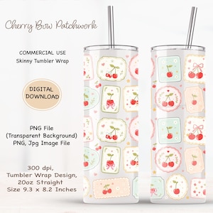 Cherry Bow Patchwork Tumbler Wrap | 20oz Tumbler Wrap PNG JPG, Patchwork Tumbler Wrap, Cottagecore Tumbler Wrap, Coquette Cherry PNG Wrap