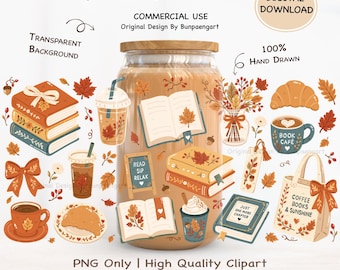 Autumn Books and Coffee PNG Wrap for Libbey Glass Can 16oz | Cozy Fall Reading PNG Wrap, Cozy Autumn Wrap, Fall Bookish Libbey Png