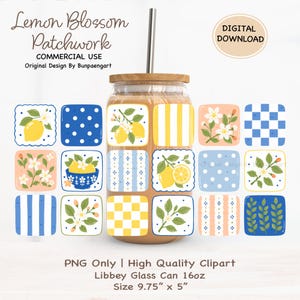 May include: A 16oz Libbey glass can with a bamboo lid and metal straw, featuring a patchwork design of lemons, blossoms, blue and white polka dots, yellow and white stripes, and checkered patterns. Text reads Lemon Blossom Patchwork.