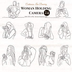 女性のカメラの線画、カメラを持った女性の線画、カメラを持った女の子の線画、写真の SVG 線画、女性のクリップアート、カメラの線画