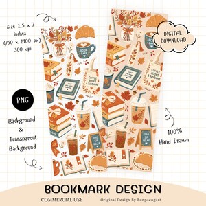May include: Two vertical bookmark designs featuring a repeating pattern of autumn-themed illustrations including books, coffee cups, croissants, and fall leaves. The text includes 'BOOK CAFE', 'JUST ONE MORE CHAPTER', 'COFFEE BOOKS & SUNSHINE', and 'READ SIP RELAX'.