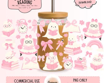 Girly Ghost Reading PNG Wrap for Libbey Glass Can | Ghost Reading Glass Can Wrap, Bookish Ghost Wrap PNG, Halloween Bookish Ghost PNG Wrap
