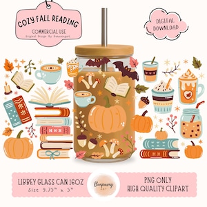 May include: A fall-themed digital clipart image featuring a glass can with a pumpkin design, measuring 9.75" x 5". The image includes illustrations of books, coffee cups, pumpkins, and the text "Cozy Fall Reading".