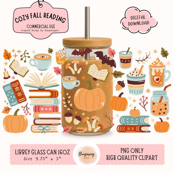Cozy Fall Reading PNG Wrap for Libbey Glass Can 16oz | Cozy Autumn Wrap, Bookish Png Wrap, Book Png, Fall Libbey Wrap, Autumn libbey wrap