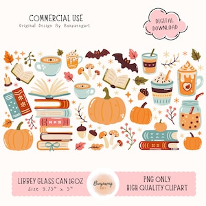 May include: A digital clipart design featuring fall-themed illustrations. The image includes pumpkins, books, coffee cups, bats, and leaves. The text includes "COMMERCIAL USE" and "DIGITAL DOWNLOAD". The Libbey glass can size is 9.75" x 5".