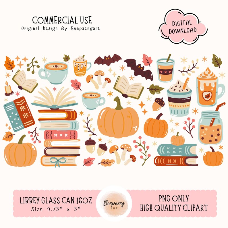 May include: A digital clipart design featuring fall-themed illustrations. The image includes pumpkins, books, coffee cups, bats, and leaves. The text includes "COMMERCIAL USE" and "DIGITAL DOWNLOAD". The Libbey glass can size is 9.75" x 5".