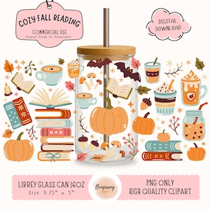 May include: A clear glass Libbey can tumbler with a bamboo lid and straw, decorated with fall-themed illustrations. The design includes pumpkins, books, coffee cups, and the text "Cozy Fall Reading." The tumbler is 9.75 inches tall and 5 inches wide.
