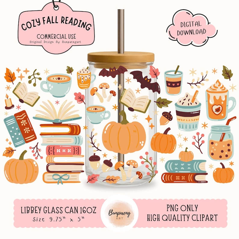 May include: A clear glass Libbey can tumbler with a bamboo lid and straw, decorated with fall-themed illustrations. The design includes pumpkins, books, coffee cups, and the text "Cozy Fall Reading." The tumbler is 9.75 inches tall and 5 inches wide.