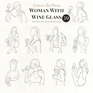 Mujer con arte de línea de copa de vino, imágenes prediseñadas de copa de vino, arte de línea de mujer, arte de mujer de vino, arte de línea de vino, ilustración amante del vino, arte lineal