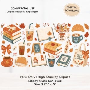 May include: A digital collection of autumn-themed illustrations featuring books, coffee cups, croissants, and tote bags with text including READ SIP RELAX, BOOK CAFE, JUST ONE MORE CHAPTER, and COFFEE BOOKS & SUNSHINE. The image includes 16oz dimensions.
