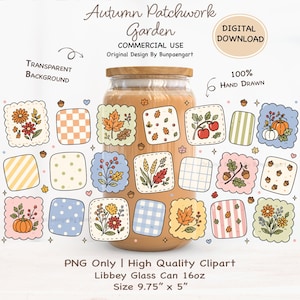 May include: A digital download graphic featuring an Autumn Patchwork Garden theme with various square patches displaying fall motifs like pumpkins, leaves, acorns, and flowers, alongside checkered and striped patterns on a 16oz Libbey glass can.