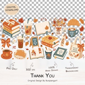 May include: A digital download collection of hand-drawn autumn-themed illustrations featuring stacks of books, coffee cups, croissants, a tote bag with the text COFFEE BOOKS & SUNSHINE, a sign reading READ SIP RELAX, and a book labeled JUST ONE MORE CHAPTER.