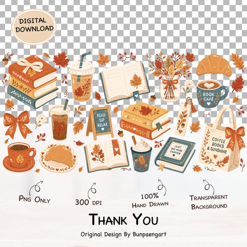 May include: A digital download collection of hand-drawn autumn-themed illustrations featuring stacks of books, coffee cups, croissants, a tote bag with the text COFFEE BOOKS & SUNSHINE, a sign reading READ SIP RELAX, and a book labeled JUST ONE MORE CHAPTER.