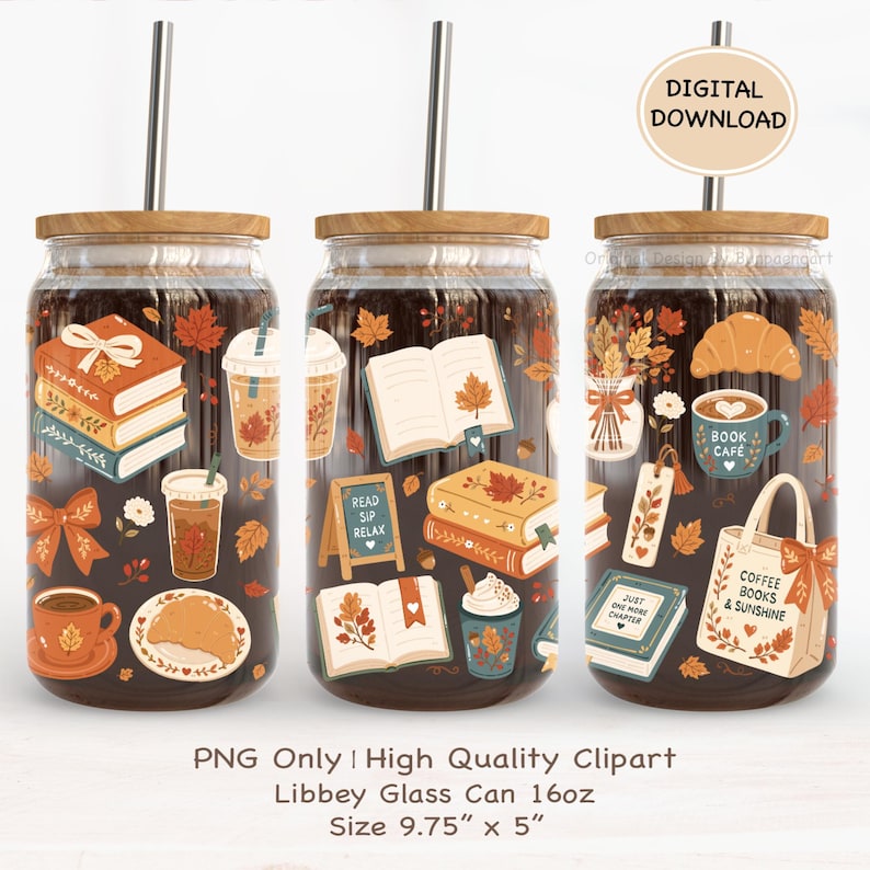 May include: Three glass can tumblers with bamboo lids and metal straws, featuring a repeating autumn-themed pattern of books, coffee cups, croissants, and leaves. The design includes text reading Read Sip Relax, Book Cafe, and Coffee Books & Sunshine.