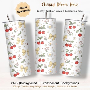 以下が含まれることがあります： Cherry Bloom Bowというタイトルのスキニータンブラー用デジタルダウンロードデザイン。白い背景に赤いサクランボ、黄色いリボン、白いデイジー、小さなピンクのベリーが描かれています。20オンスのストレートサイズ9.3 x 8.2インチが含まれています。