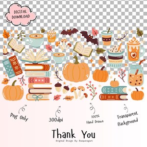 May include: A digital download graphic featuring fall-themed illustrations. The image includes pumpkins, books, coffee cups, bats, and leaves in shades of orange, brown, and teal. Text includes "Digital Download", "Png Only", "300dpi", "100% Hand Drawn", and "Thank You".