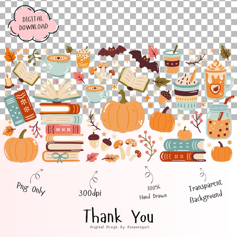 May include: A digital download graphic featuring fall-themed illustrations. The image includes pumpkins, books, coffee cups, bats, and leaves in shades of orange, brown, and teal. Text includes "Digital Download", "Png Only", "300dpi", "100% Hand Drawn", and "Thank You".