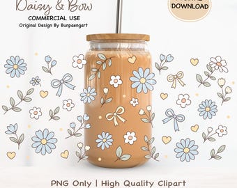 Soft Blue Daisy and Bow PNG Libbey Wrap 16oz | Floral Flower PNG Wrap, Flower Meadow Glass can, Flower Boho png wrap, Coquette Bow png Wrap