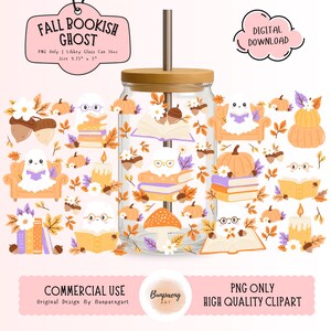 May include: A clear glass Libbey can with a wooden lid and straw, decorated with fall-themed illustrations. The design includes a ghost reading books, pumpkins, leaves, and the text "Fall Bookish Ghost." The can measures 9.75 x 5 inches.