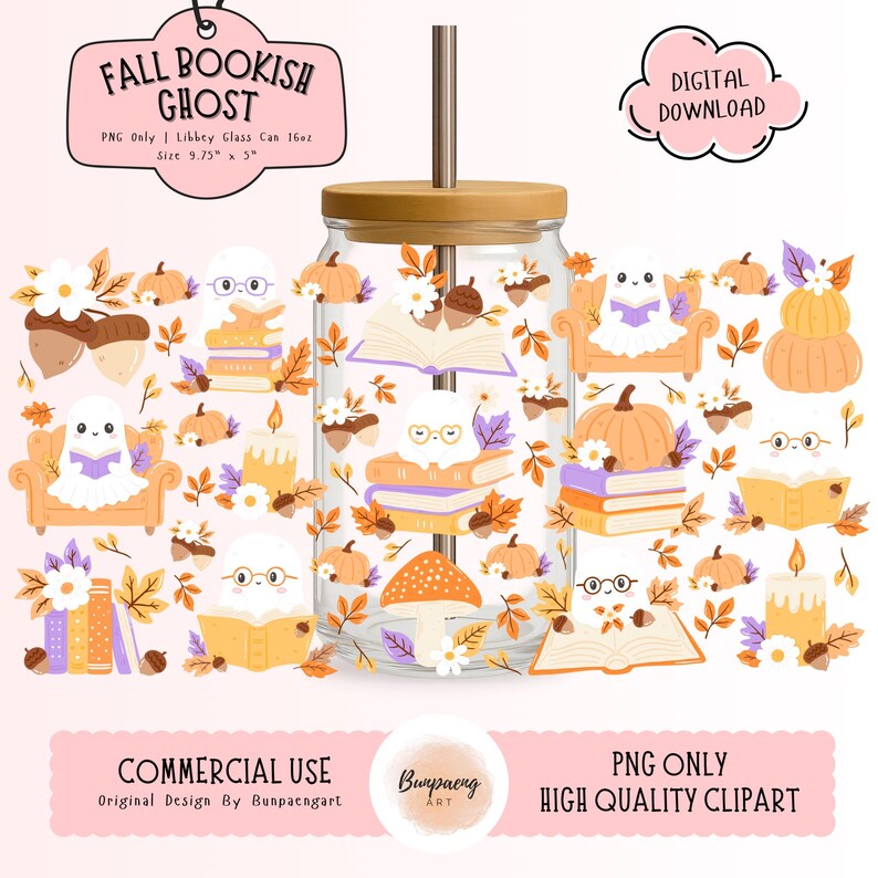 May include: A clear glass Libbey can with a wooden lid and straw, decorated with fall-themed illustrations. The design includes a ghost reading books, pumpkins, leaves, and the text "Fall Bookish Ghost." The can measures 9.75 x 5 inches.