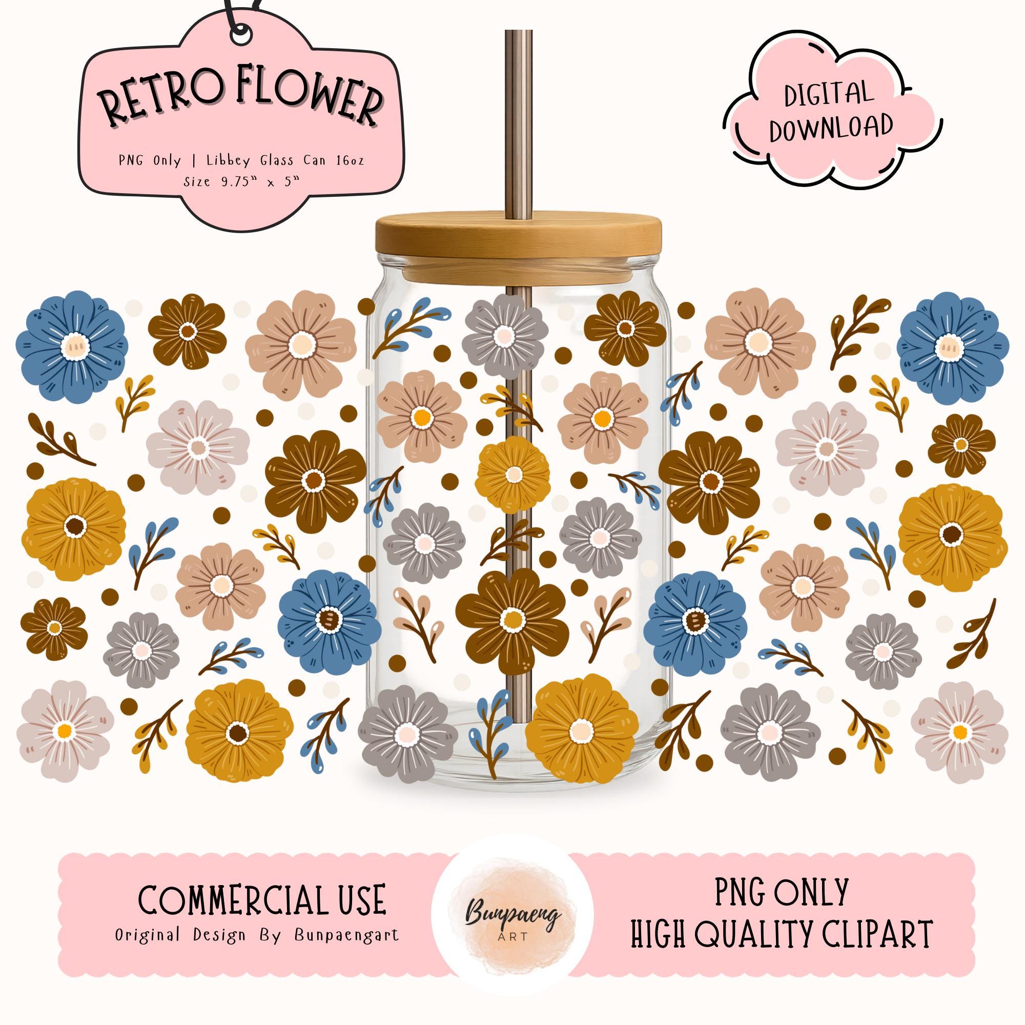 Retro Flower PNG Wrap for Libbey Glass Can 16oz | Vintage Floral ...