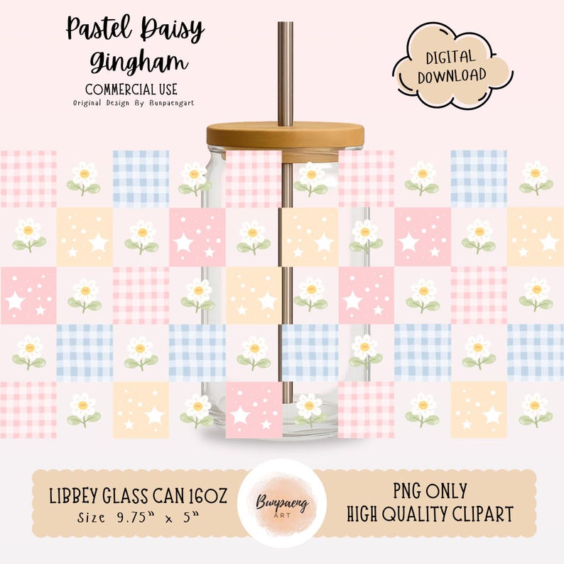 Pastel Daisy Gingham PNG Wrap for Libbey Glass Can 16oz | Vintage ...