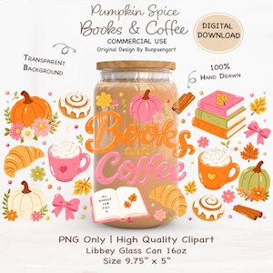 Puede incluir: Un gráfico digital que muestra una lata de vidrio Libbey con tapa de bambú, llena de café. El diseño incluye ilustraciones de calabazas, rollos de canela, croissants, libros y tazas con el texto "Books and Coffee" y "All Booked for Fall".