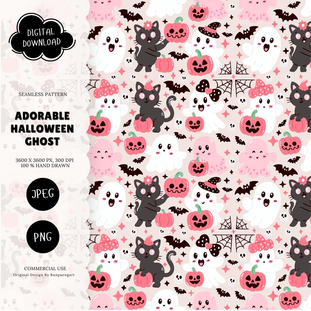 Adorable Halloween Ghost Seamless Pattern | Cute Ghost Seamless Pattern ...