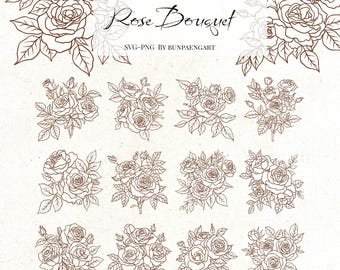 Paquete SVG de ramo de rosas, paquete SVG de rosas, arte lineal de rosas, paquete de imágenes prediseñadas de rosas, SVG de rosas, imágenes prediseñadas de San Valentín, dibujo lineal, imágenes prediseñadas de flores