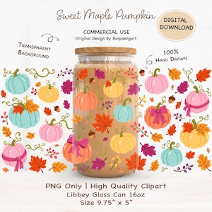 May include: A digital download graphic featuring a 16oz Libbey glass can with a wooden lid, decorated with a pattern of colorful pumpkins, autumn leaves, and acorns. The text reads Sweet Maple Pumpkin, Commercial Use, and PNG Only.
