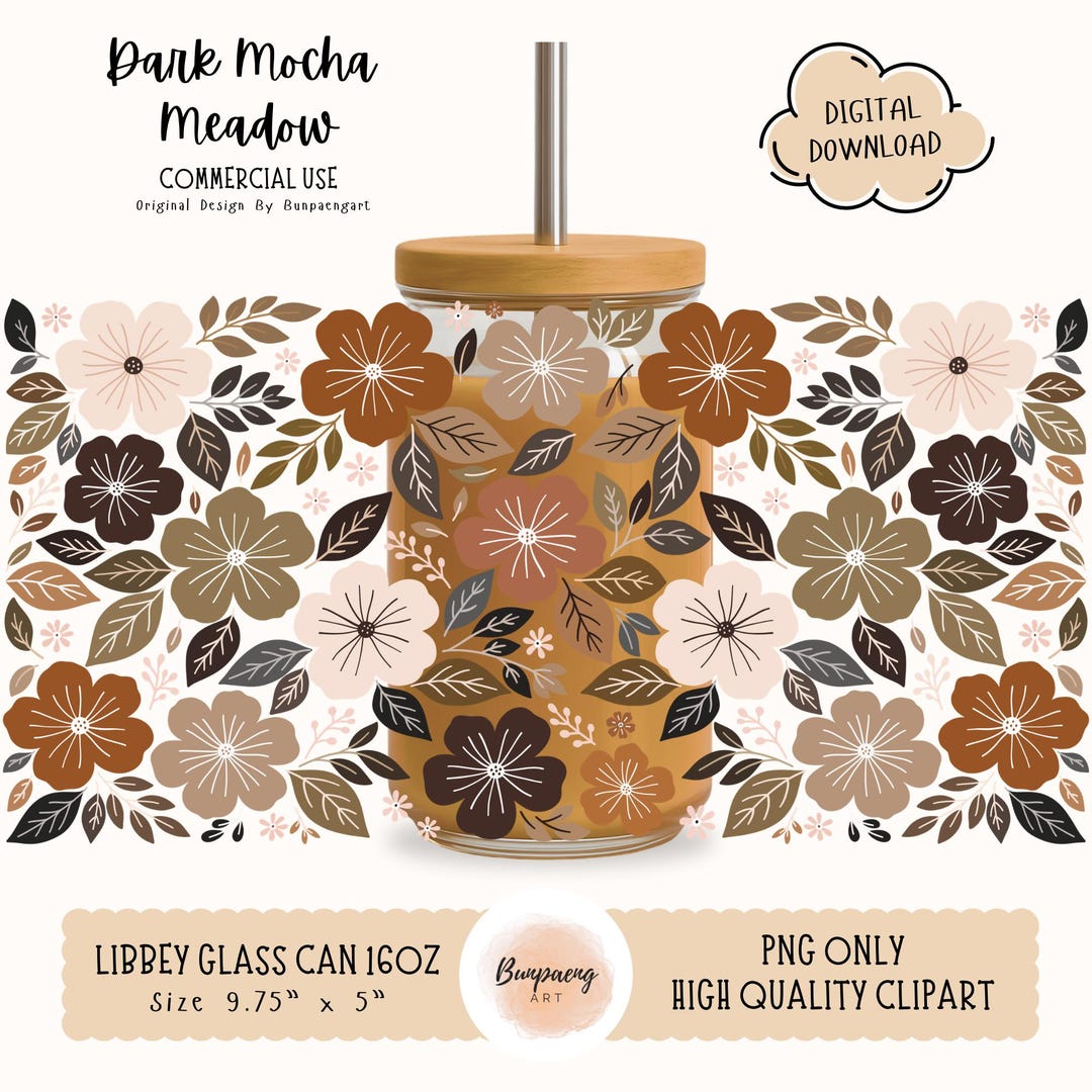 Dark Mocha Meadow PNG Wrap for Libbey Glass Can 16oz | Vintage Floral ...