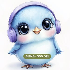 Lot de 5 oiseaux mignons PNG Clipart | Oisillons avec chapeaux et écouteurs, PNG drôles d'oiseaux, conceptions imprimables et numériques pour les enfants