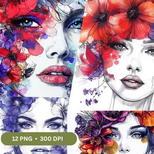 Floral Woman Face Line Art PNG Clipart Bundle (Digital Download) - Indigo & Crimson