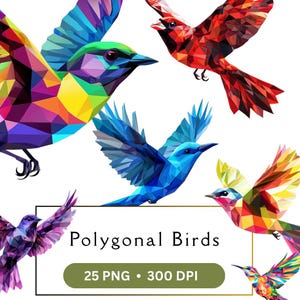 Pacote com 25 pássaros fofos com polígonos voadores | Clipart divertido | Clipart para impressão | PNGs de alta qualidade | Download digital | Artesanato em papel | Diário de sucata