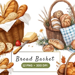May include: Watercolor illustration of bread baskets filled with various types of bread, including baguettes and rolls. A slice of bread with butter and a strawberry are also present. The image includes the text "Bread Basket".