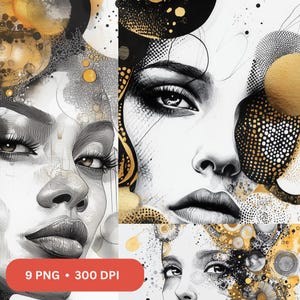 May include: Digital art print showing stylized portraits of women in black, white, and gold. The artwork has a detailed, artistic style with intricate patterns and textures. The image includes the text "9 PNG • 300 DPI" in a red rectangle.