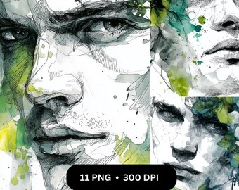 Paquete de imágenes PNG de rostros masculinos: Retrato abstracto - Verde azulado y plateado (descarga digital)