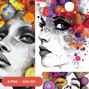 Floral Female Face Line Art PNG Clipart Bundle (Digital Download)