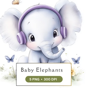5 PNG - Cute Baby Elephants With Accessories Clipart | Printable Clipart | High Quality PNGs | Digital download | Paper craft | Journaling