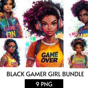 Peut inclure: Ensemble d'art numérique présentant des portraits de femmes noires portant des écouteurs. Les femmes sont représentées dans diverses tenues colorées, avec le texte "GAME ON" et "GAME OVER". L'ensemble comprend 9 fichiers PNG.
