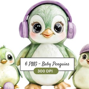 Pacote com 5 clipart de pinguins fofos em PNG, pinguins bebês com chapéus e fones de ouvido, pássaros engraçados em PNG, designs digitais e para impressão para crianças