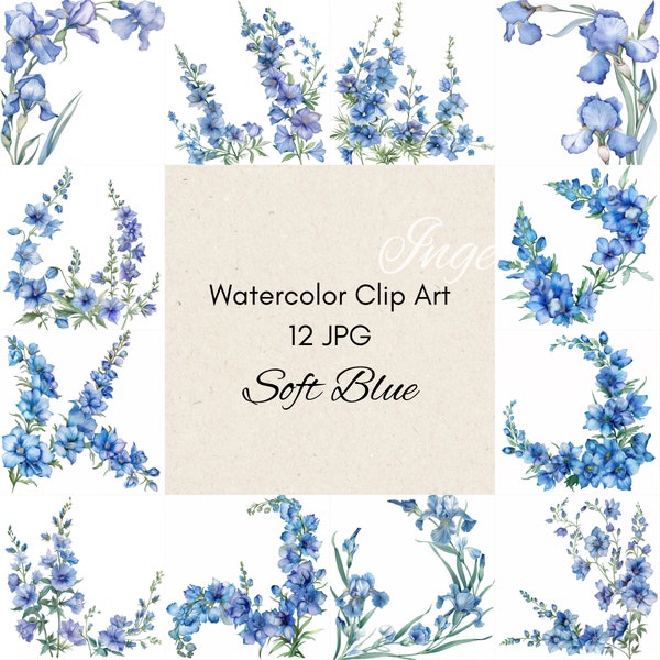 Soft Blue flowers clipart, JPG only, white background, watercolor botanical illustration clip art, floral designs, pod digital graphics