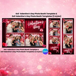 Può includere: Un modello di fototessera per San Valentino, a tema rosso e rosa. Il modello include diversi design con il testo "Valentine's Day" e immagini di persone che tengono oggetti di scena. Disponibile nei formati 4x6 e 2x6.