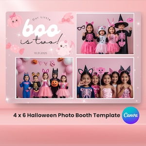 May include: A pink Halloween photo booth template with the text "Our Little Boo is two!" and "10.31.2025". The template includes four photo sections with children in Halloween costumes. The Canva logo is in the bottom right.
