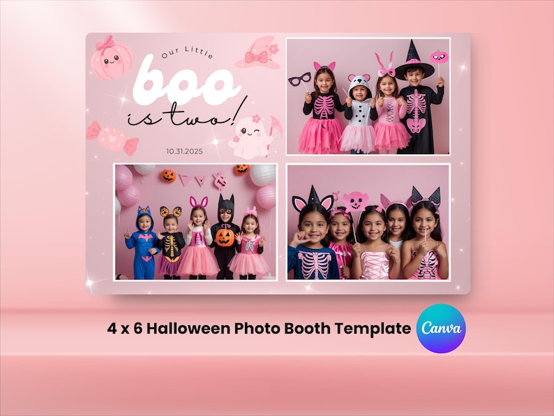 May include: A pink Halloween photo booth template with the text "Our Little Boo is two!" and "10.31.2025". The template includes four photo sections with children in Halloween costumes. The Canva logo is in the bottom right.
