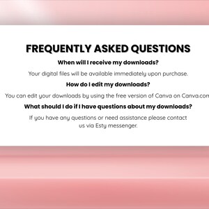 May include: A white graphic with the text "FREQUENTLY ASKED QUESTIONS" in bold black font. The text provides answers to common questions about digital downloads, including editing and support.