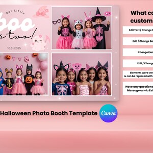 May include: A pink Halloween photo booth template with the text "Our Little Boo is Two!" and the date 10.31.2025. The template includes photos of children in Halloween costumes. The template is customisable.